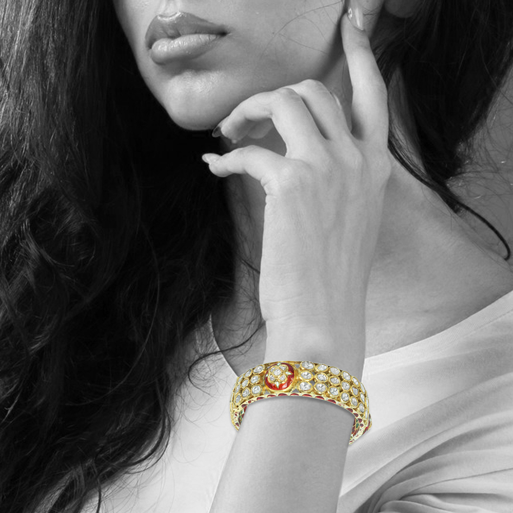 Floral Polki Bangle with Red and Green Meenakari Enamel Work